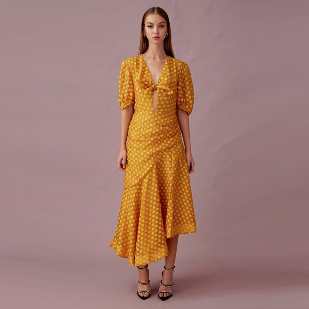 NWOT Keepsake mustard dot print ruched midi dress, S